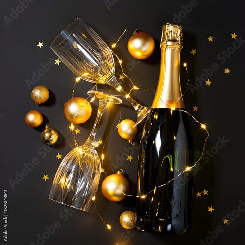 Champagne bottle with glasses celebrating new year's eve party