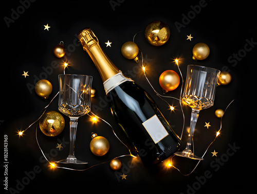 Champagne bottle with glasses celebrating new year party