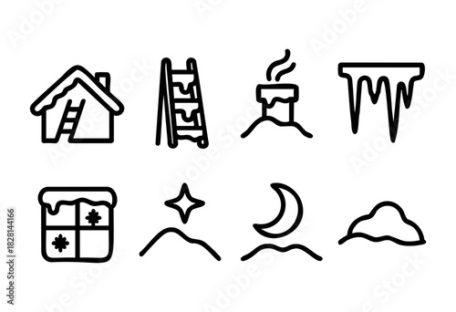 A cozy house with snow on the roof sits among hills. A ladder leans against the house while smoke rises from a chimney. Icicles hang from different places, creating a winter atmosphere.