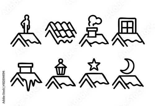 Various simple icons depict snow-covered rooftops showcasing a person, chimney, lantern, window, star, and moon, capturing the essence of winter scenes.