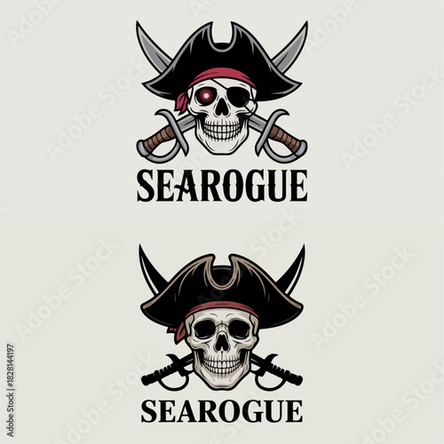 Searogue pirate skull emblem set with tricorn hat and crossed cutlasses, vintage buccaneer mascot badge, nautical raider logo vector for esports teams and apparel