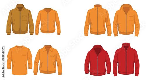 A collection of men's casual outerwear including jackets hoodies and shirts in orange and red for fashion apparel mockups.