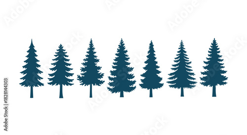 A set of seven dark blue silhouettes of evergreen pine and fir trees isolated on a white background for nature illustrations.