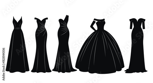 A set of five elegant black silhouettes of women's evening gowns and formal dresses perfect for fashion and bridal boutiques.