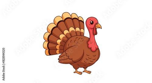 A cute and friendly cartoon turkey with colorful tail feathers standing on a clean white background for Thanksgiving holiday designs.
