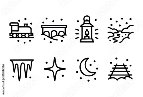 A train crosses a bridge covered in snow as a lantern illuminates the scene. The peaceful setting captures the beauty of winter at dusk, inviting a sense of calm.