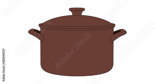A simple flat vector illustration of a brown ceramic or clay cooking pot with a lid and handles isolated on a white background.