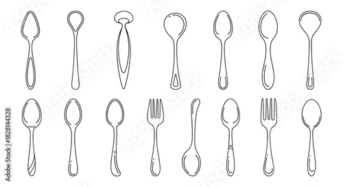 A collection of fifteen different spoons and forks in a clean black and white line art style for kitchen and cutlery designs.