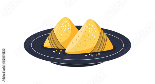 An illustration of two traditional Chinese zongzi rice dumplings with sesame seeds served on a dark plate for dragon boat festival.