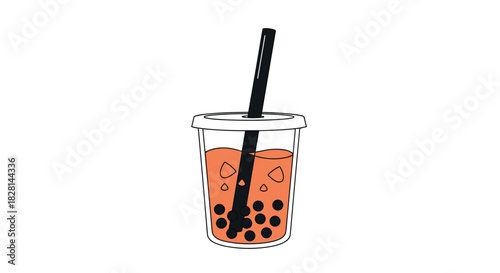 A simple and cute vector illustration of a plastic cup of orange bubble milk tea with black tapioca pearls and a wide straw.