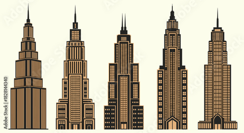 A set of five detailed vintage art deco style skyscrapers in a dark silhouette for classic american architecture illustration.
