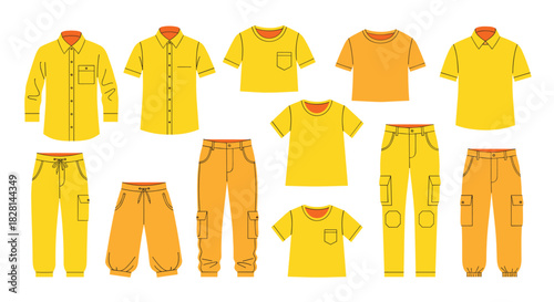 A set of men's casual clothing items including yellow shirts t-shirts and cargo pants for fashion and wardrobe concepts.