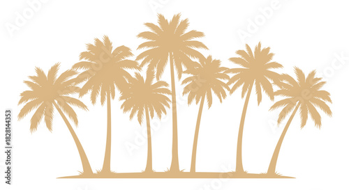 A beautiful beige silhouette of a group of tropical palm trees on an island isolated on a white background for summer designs.