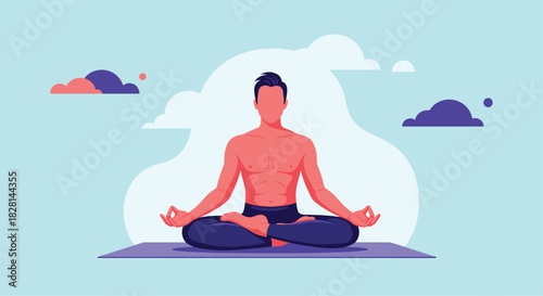 A young man with a muscular physique meditating in the lotus position on a yoga mat with a serene sky in the background.