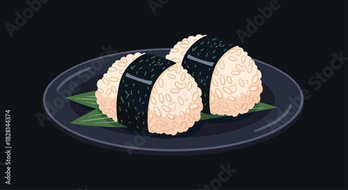 A detailed illustration of two Japanese onigiri rice balls with nori seaweed served on a black plate against a dark background.
