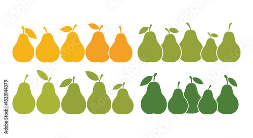 A large set of twenty pear fruit silhouettes in various shades of yellow and green for healthy eating and harvest concepts.