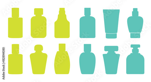 A set of twelve cosmetic bottle and tube silhouettes in bright green and turquoise for beauty and skincare product packaging.