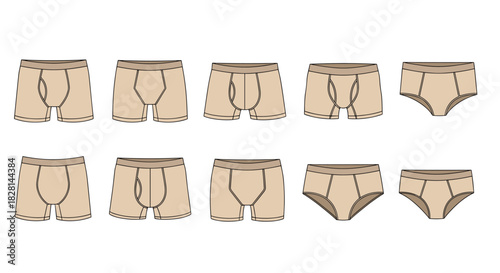 A collection of ten men's underwear templates including boxer briefs trunks and briefs in a beige color for apparel mockups.