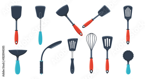 A collection of eleven kitchen utensils including spatulas a whisk and a ladle for cooking and food preparation illustrations.
