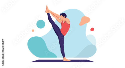 A flexible young man in sportswear practicing a standing split yoga pose on a mat with a colorful abstract background.