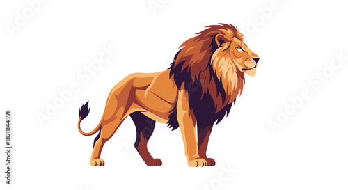 A majestic and powerful lion with a full mane standing proudly in a detailed and stylized vector illustration on white.