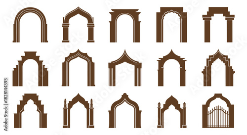 A set of fifteen traditional and ornate arch and gate silhouettes in a solid brown color for architectural and cultural designs.