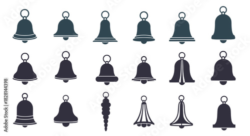 A large collection of eighteen decorative bell silhouettes in various shapes and styles for festive and notification icons.