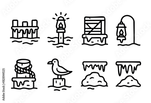 A cold winter day shows frozen elements at the waterfront, including a pier, lanterns, and a seagull perched on a post, surrounded by piles of snow and icicles.