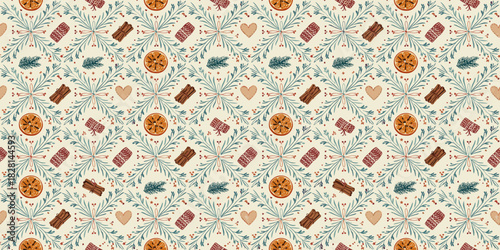 Seamless vintage holiday pattern with clove oranges, cinnamon sticks, and folk art motifs in crimson and teal on cream. Cozy Scandinavian style for festive wallpaper and fabric.