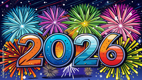 Very beautiful semi-realistic vector illustration of vibrant New Year 2026 fireworks bursting across the night sky, featuring radiant colors, shimmering light trails, and a festive celebratory atmosph