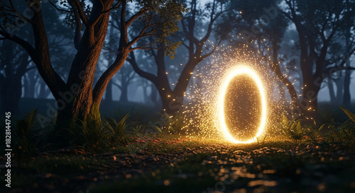 Glowing portal in a dark forest, sparkling light, representing a gateway, entrance, passage, or magic, adventure and exploration concept