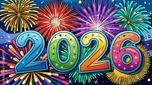 Very beautiful semi-realistic vector illustration of vibrant New Year 2026 fireworks bursting across the night sky, featuring radiant colors, shimmering light trails, and a festive celebratory atmosph