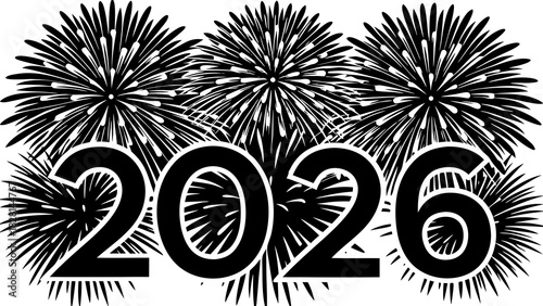 Very beautiful semi-realistic vector illustration of vibrant New Year 2026 fireworks bursting across the night sky, featuring radiant colors, shimmering light trails, and a festive celebratory atmosph