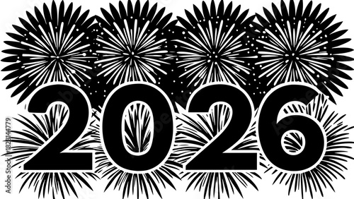 Very beautiful semi-realistic vector illustration of vibrant New Year 2026 fireworks bursting across the night sky, featuring radiant colors, shimmering light trails, and a festive celebratory atmosph