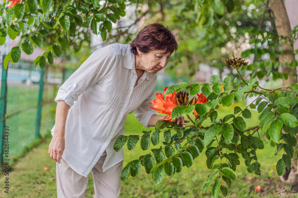 Naklejka premium Elderly woman walking in the park, enjoying fresh air, sunlight, and peaceful nature. Concept of active aging, wellness, healthy lifestyle, positive aging, mobility, freedom, and outdoor relaxation