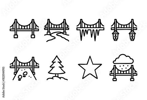 A series of illustrations feature various bridge designs. Structures span rivers and landscapes, with elements like trees and stars enhancing the charm of each drawing.