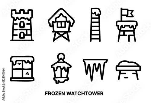 Various frozen structures are depicted in a winter landscape, showcasing a watchtower, a cabin, a ladder, and other elements covered in snow and ice.