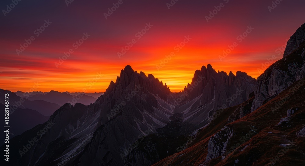 Naklejka premium Vibrant orange and deep red sunset illuminating dramatic, rugged mountain peaks, casting long shadows across the rocky terrain ,majestic ,light ,travel