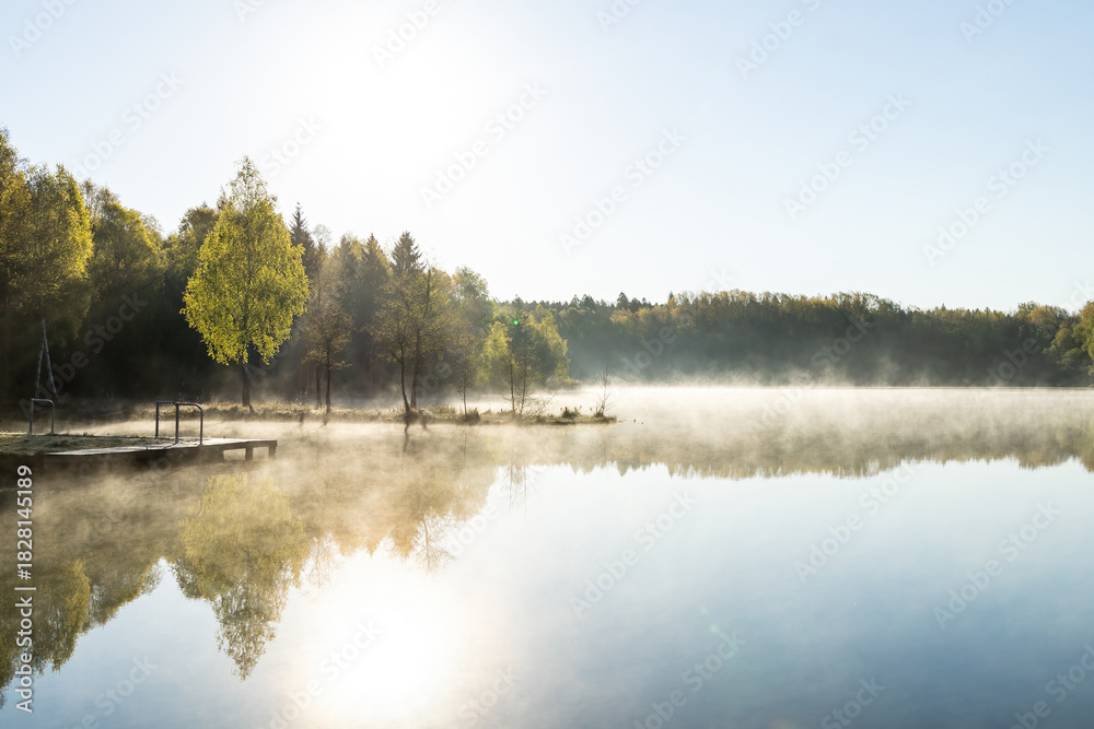 Fototapeta premium Mirror-Smooth Lake Reflects Serene Forest on Sunny Day for Peaceful Nature Scene.