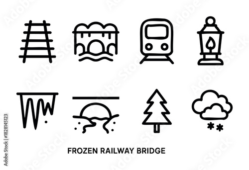 A serene winter scene features a frozen railway bridge surrounded by icicles, a passing train, and snow-covered trees, capturing the beauty of the season in a rural setting.