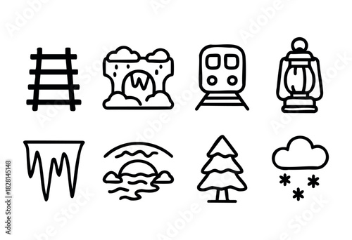 A serene winter scene features a frozen railway bridge surrounded by icicles, a passing train, and snow-covered trees, capturing the beauty of the season in a rural setting