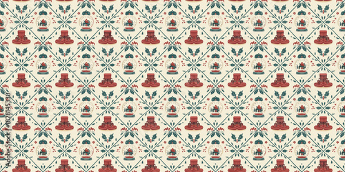 Seamless vintage holiday pattern with snow globes, wool booties, and holly in crimson and teal on cream. Cozy Scandinavian folk art textile.