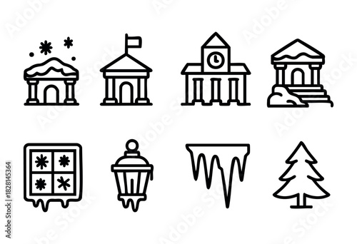 Snow blankets charming buildings, a decorated tree, and a lantern in a picturesque village. Icicles hang from rooftops, creating a serene winter landscape that feels festive and inviting.