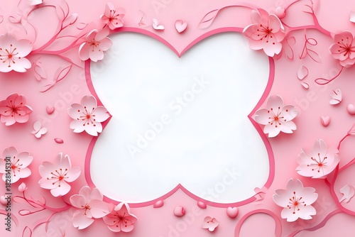 Pink Cherry Blossom Paper Frame with Hearts and Floral Elements