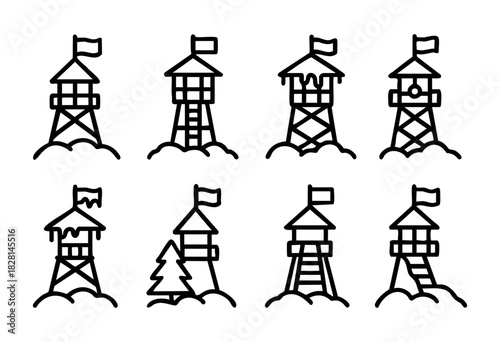 A collection of simple black line designs depicts eight lookout towers, each with flags and different shapes, some featuring trees and snow, ideal for a creative project or illustration.