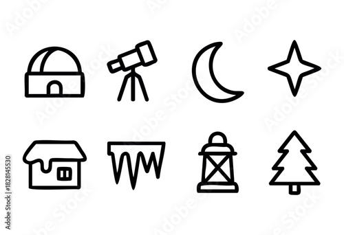 A clear night reveals a beautiful observatory equipped with a telescope, surrounded by winter-themed symbols like snow-covered trees and lanterns. Perfect for stargazing