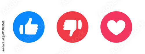Like icon. Circular reactions with thumbs and love mark for feedback symbol. Clean social response elements for rating and interaction vector. Positive and negative choices for UI reactions sign.