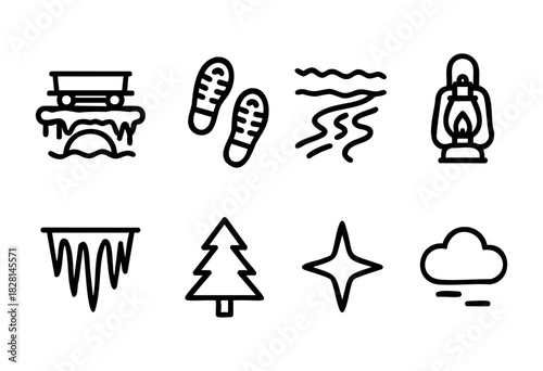 Symbols depict cold weather elements including a frozen car, snowshoes, ice, a tree, and a lantern, representing winter activities and nature's beauty during the season.