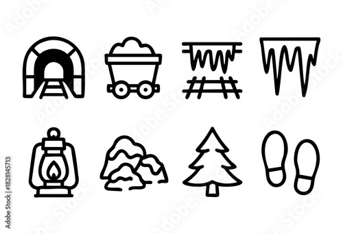 A winter landscape showcases a mine entrance, a cart filled with snow, icy features, a lantern, rock formations, trees, and footprints in the snow, creating a peaceful scene.