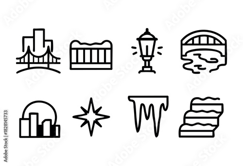 City skyline and bridge are depicted in simple line art. A lamp post shines near water, while busy city life contrasts with icy formations. Sunset casts a warm glow in this artistic scene.